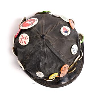 MAKER UNKNOWN Leather motorcycle cap with 30 buttons still attached.